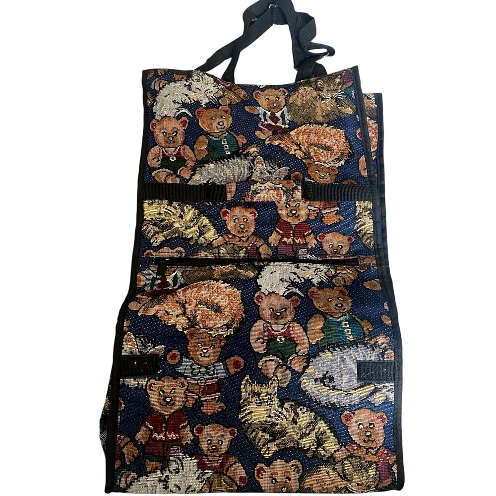 Vintage Tapestry Teddy Bear Cat Roll Up Travel Bag Toiletry Organizer 90s Kitsch
